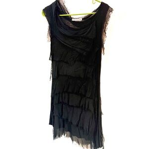 Tempo Paris Tiered Silk Raw Edge Asymmetrical Black Dress, Size M